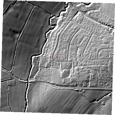 Shaded relief map of the ground around CM50AU, computed from Environment Agency LiDAR. The ground here sits at about 50 m above sea level and falls 22 m across the surrounding 800 m. Surface water reaching this point runs off ground lying to the east, 3.5 m higher.