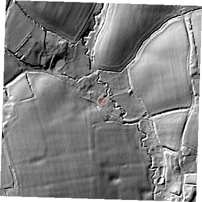 Shaded relief map of the ground around CM50DR, computed from Environment Agency LiDAR. The ground here sits at about 59 m above sea level and falls 19 m across the surrounding 800 m. Surface water reaching this point runs off ground lying to the south-west, 14.3 m higher.
