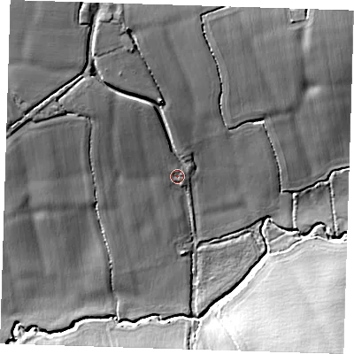 Shaded relief map of the ground around CM50ET, computed from Environment Agency LiDAR. The ground here sits at about 63 m above sea level and falls 26 m across the surrounding 800 m. Surface water reaching this point runs off ground lying to the north-west, 17.7 m higher.