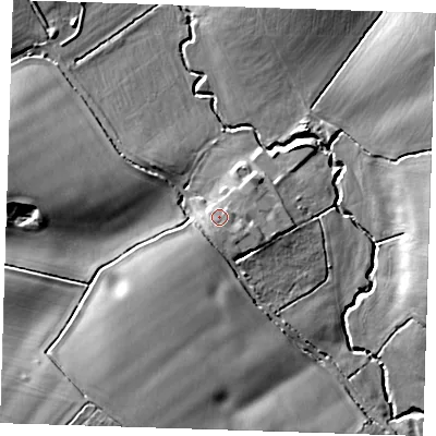 Shaded relief map of the ground around CM50EY, computed from Environment Agency LiDAR. The ground here sits at about 56 m above sea level and falls 24 m across the surrounding 800 m. Surface water reaching this point runs off ground lying to the south, 2.1 m higher.