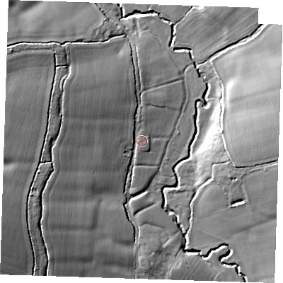 Shaded relief map of the ground around CM50EZ, computed from Environment Agency LiDAR. The ground here sits at about 51 m above sea level and falls 21 m across the surrounding 800 m. Surface water reaching this point runs off ground lying to the west-south-west, 15.8 m higher.