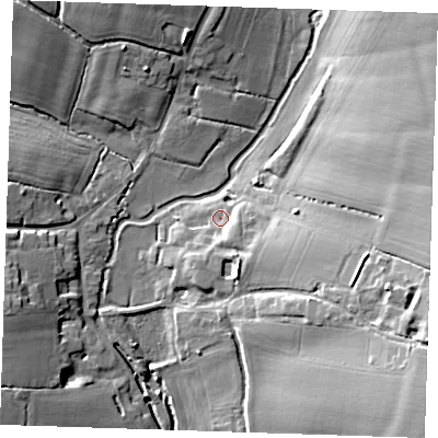 Shaded relief map of the ground around CM50FE, computed from Environment Agency LiDAR. The ground here sits at about 49 m above sea level and falls 20 m across the surrounding 800 m. Surface water reaching this point runs off ground lying to the south-east, 3.3 m higher.
