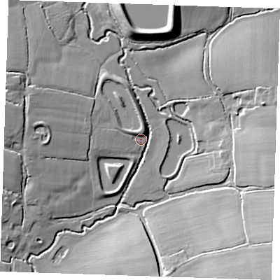 Shaded relief map of the ground around CM50FL, computed from Environment Agency LiDAR. The ground here sits at about 53 m above sea level and falls 17 m across the surrounding 800 m. Surface water reaching this point runs off ground lying to the west, 8.3 m higher.