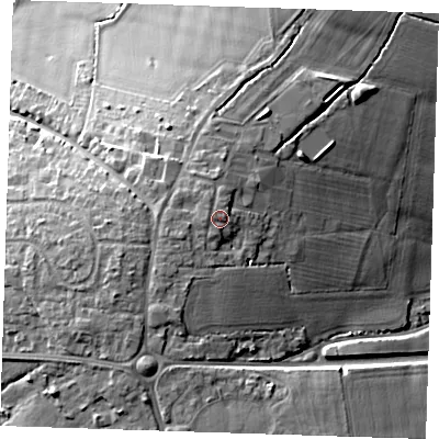 Shaded relief map of the ground around CM50GA, computed from Environment Agency LiDAR. The ground here sits at about 64 m above sea level and falls 20 m across the surrounding 800 m. Surface water reaching this point runs off ground lying to the west, 1.4 m higher.