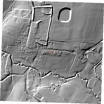 Shaded relief map of the ground around CM50JD, computed from Environment Agency LiDAR. The ground here sits at about 60 m above sea level and falls 23 m across the surrounding 800 m. Surface water reaching this point runs off ground lying to the north-north-east, 3.3 m higher.