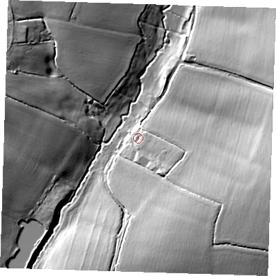 Shaded relief map of the ground around CM50JQ, computed from Environment Agency LiDAR. The ground here sits at about 67 m above sea level and falls 20 m across the surrounding 800 m. Surface water reaching this point runs off ground lying to the east-south-east, 5.7 m higher.