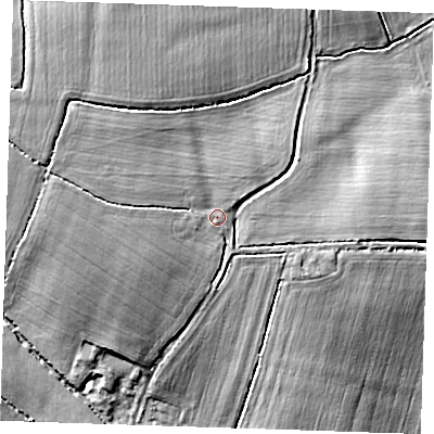 Shaded relief map of the ground around CM50JU, computed from Environment Agency LiDAR. The ground here sits at about 69 m above sea level and falls 17 m across the surrounding 800 m. Surface water reaching this point runs off ground lying to the west-north-west, 5.5 m higher.