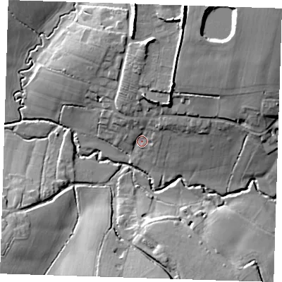 Shaded relief map of the ground around CM50LJ, computed from Environment Agency LiDAR. The ground here sits at about 55 m above sea level and falls 21 m across the surrounding 800 m. Surface water reaching this point runs off ground lying to the north-north-east, 15.3 m higher.