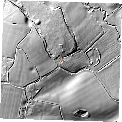 Shaded relief map of the ground around CM50LN, computed from Environment Agency LiDAR. The ground here sits at about 65 m above sea level and falls 29 m across the surrounding 800 m. Surface water reaching this point runs off ground lying to the north-west, 3.1 m higher.