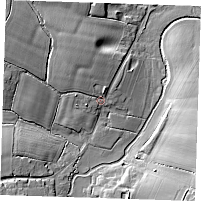Shaded relief map of the ground around CM50NN, computed from Environment Agency LiDAR. The ground here sits at about 51 m above sea level and falls 14 m across the surrounding 800 m. Surface water reaching this point runs off ground lying to the north-west, 5.0 m higher.
