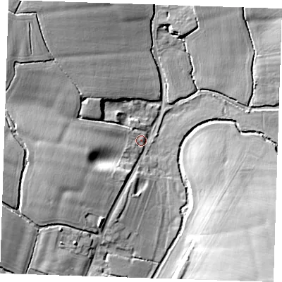 Shaded relief map of the ground around CM50NW, computed from Environment Agency LiDAR. The ground here sits at about 50 m above sea level and falls 16 m across the surrounding 800 m. Surface water reaching this point runs off ground lying to the west, 9.6 m higher.