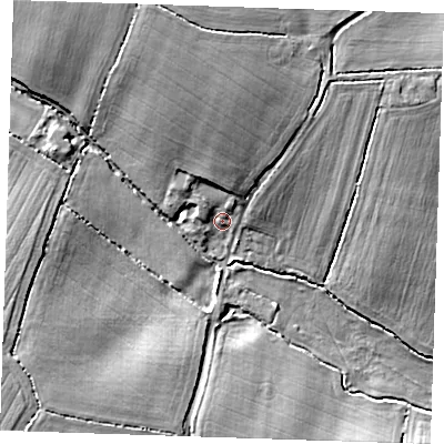 Shaded relief map of the ground around CM50NX, computed from Environment Agency LiDAR. The ground here sits at about 63 m above sea level and falls 15 m across the surrounding 800 m. Surface water reaching this point runs off ground lying to the north, 8.4 m higher.