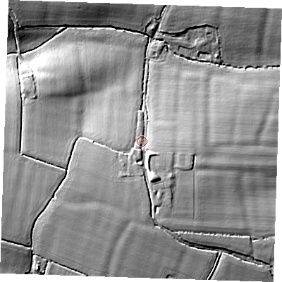 Shaded relief map of the ground around CM50PH, computed from Environment Agency LiDAR. The ground here sits at about 66 m above sea level and falls 18 m across the surrounding 800 m. Surface water reaching this point runs off ground lying to the south-west, 6.2 m higher.