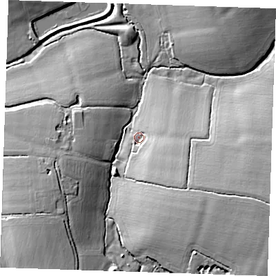 Shaded relief map of the ground around CM50PZ, computed from Environment Agency LiDAR. The ground here sits at about 54 m above sea level and falls 19 m across the surrounding 800 m. Surface water reaching this point runs off ground lying to the south-east, 9.6 m higher.