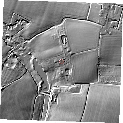 Shaded relief map of the ground around CM50QA, computed from Environment Agency LiDAR. The ground here sits at about 68 m above sea level and falls 25 m across the surrounding 800 m. Surface water reaching this point runs off ground lying to the north-east, 4.7 m higher.