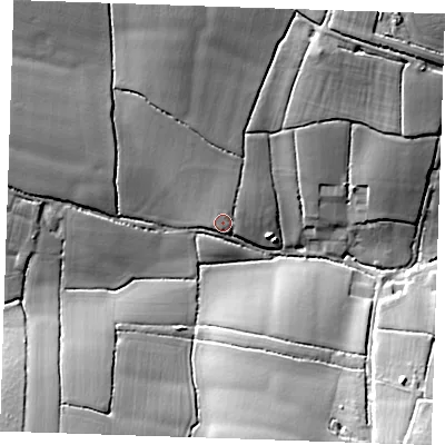 Shaded relief map of the ground around CM50QF, computed from Environment Agency LiDAR. The ground here sits at about 67 m above sea level and falls 19 m across the surrounding 800 m. Surface water reaching this point runs off ground lying to the north-north-west, 12.0 m higher.