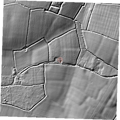 Shaded relief map of the ground around CM50QS, computed from Environment Agency LiDAR. The ground here sits at about 71 m above sea level and falls 13 m across the surrounding 800 m. Surface water reaching this point runs off ground lying to the west, 1.3 m higher.