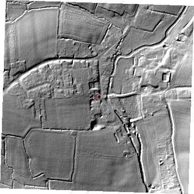 Shaded relief map of the ground around CM50RZ, computed from Environment Agency LiDAR. The ground here sits at about 49 m above sea level and falls 17 m across the surrounding 800 m. Surface water reaching this point runs off ground lying to the west, 13.5 m higher.
