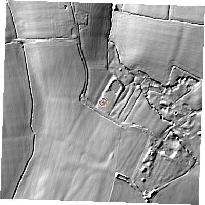 Shaded relief map of the ground around CM50SQ, computed from Environment Agency LiDAR. The ground here sits at about 61 m above sea level and falls 21 m across the surrounding 800 m. Surface water reaching this point runs off ground lying to the south, 2.9 m higher.