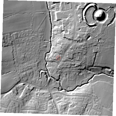 Shaded relief map of the ground around CM59DT, computed from Environment Agency LiDAR. The ground here sits at about 46 m above sea level and falls 32 m across the surrounding 800 m. Surface water reaching this point runs off ground lying to the north-east, 6.2 m higher.