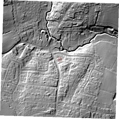 Shaded relief map of the ground around CM59EE, computed from Environment Agency LiDAR. The ground here sits at about 46 m above sea level and falls 24 m across the surrounding 800 m. Surface water reaching this point runs off ground lying to the south-south-east, 9.6 m higher.