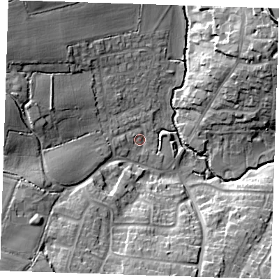 Shaded relief map of the ground around CM59HH, computed from Environment Agency LiDAR. The ground here sits at about 44 m above sea level and falls 24 m across the surrounding 800 m. Surface water reaching this point runs off ground lying to the west, 3.3 m higher.