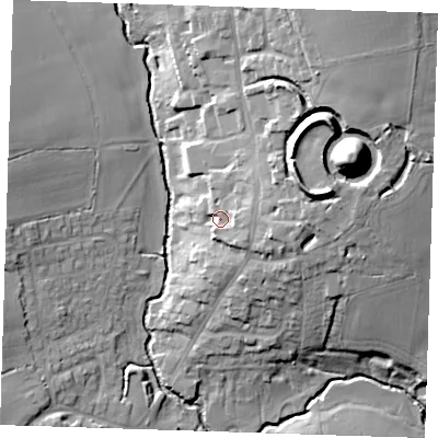 Shaded relief map of the ground around CM59JX, computed from Environment Agency LiDAR. The ground here sits at about 49 m above sea level and falls 32 m across the surrounding 800 m. Surface water reaching this point runs off ground lying to the east, 10.3 m higher.