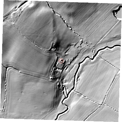 Shaded relief map of the ground around CM59PE, computed from Environment Agency LiDAR. The ground here sits at about 42 m above sea level and falls 23 m across the surrounding 800 m. Surface water reaching this point runs off ground lying to the north-west, 16.9 m higher.