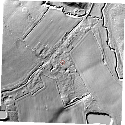 Shaded relief map of the ground around CM59PL, computed from Environment Agency LiDAR. The ground here sits at about 44 m above sea level and falls 21 m across the surrounding 800 m. Surface water reaching this point runs off ground lying to the west, 3.6 m higher.