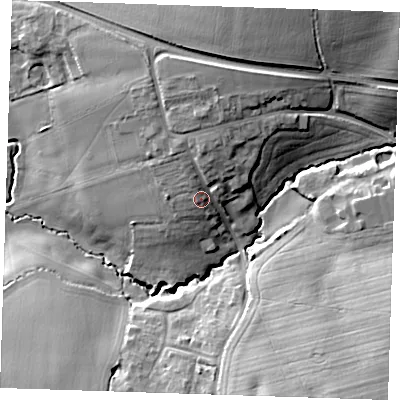 Shaded relief map of the ground around CM59RN, computed from Environment Agency LiDAR. The ground here sits at about 52 m above sea level and falls 23 m across the surrounding 800 m. Surface water reaching this point runs off ground lying to the north, 4.3 m higher.