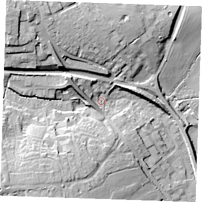 Shaded relief map of the ground around CM61EL, computed from Environment Agency LiDAR. The ground here sits at about 55 m above sea level and falls 29 m across the surrounding 800 m. Surface water reaching this point runs off ground lying to the north-west, 11.3 m higher.