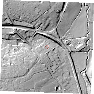 Shaded relief map of the ground around CM61EW, computed from Environment Agency LiDAR. The ground here sits at about 54 m above sea level and falls 25 m across the surrounding 800 m. Surface water reaching this point runs off ground lying to the south-south-west, 6.9 m higher.
