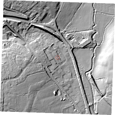 Shaded relief map of the ground around CM61HD, computed from Environment Agency LiDAR. The ground here sits at about 53 m above sea level and falls 24 m across the surrounding 800 m. Surface water reaching this point runs off ground lying to the west, 6.2 m higher.