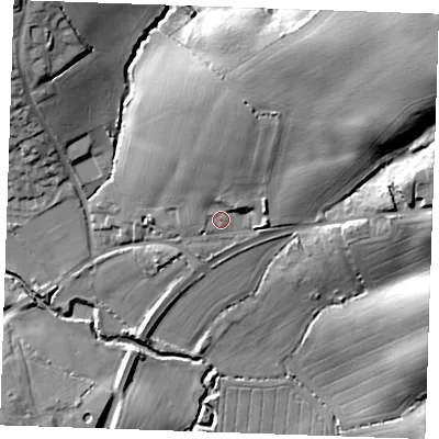 Shaded relief map of the ground around CM61HU, computed from Environment Agency LiDAR. The ground here sits at about 58 m above sea level and falls 32 m across the surrounding 800 m. Surface water reaching this point runs off ground lying to the north-north-east, 10.2 m higher.