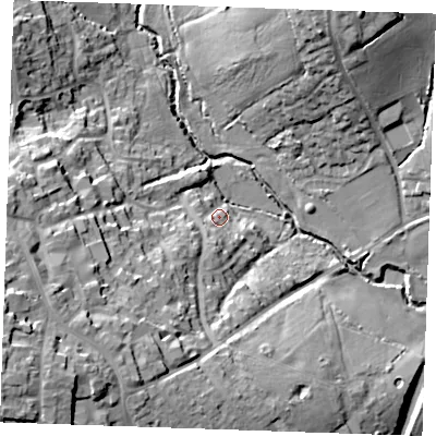 Shaded relief map of the ground around CM61HW, computed from Environment Agency LiDAR. The ground here sits at about 55 m above sea level and falls 30 m across the surrounding 800 m. Surface water reaching this point runs off ground lying to the south-south-west, 5.6 m higher.