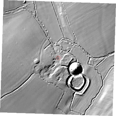 Shaded relief map of the ground around CM61JT, computed from Environment Agency LiDAR. The ground here sits at about 73 m above sea level and falls 16 m across the surrounding 800 m. Surface water reaching this point runs off ground lying to the west, 12.3 m higher.