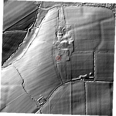 Shaded relief map of the ground around CM61JU, computed from Environment Agency LiDAR. The ground here sits at about 84 m above sea level and falls 15 m across the surrounding 800 m. Surface water reaching this point runs off ground lying to the south-west, 1.9 m higher.