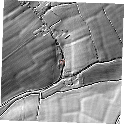 Shaded relief map of the ground around CM61JW, computed from Environment Agency LiDAR. The ground here sits at about 75 m above sea level and falls 12 m across the surrounding 800 m. Surface water reaching this point runs off ground lying to the west-north-west, 9.0 m higher.