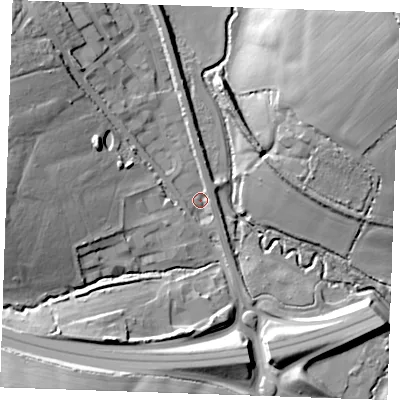 Shaded relief map of the ground around CM61LL, computed from Environment Agency LiDAR. The ground here sits at about 49 m above sea level and falls 23 m across the surrounding 800 m. Surface water reaching this point runs off ground lying to the west, 16.5 m higher.
