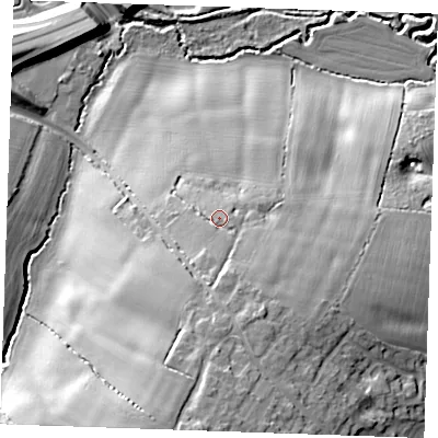 Shaded relief map of the ground around CM61LP, computed from Environment Agency LiDAR. The ground here sits at about 63 m above sea level and falls 28 m across the surrounding 800 m. Surface water reaching this point runs off ground lying to the south, 4.1 m higher.