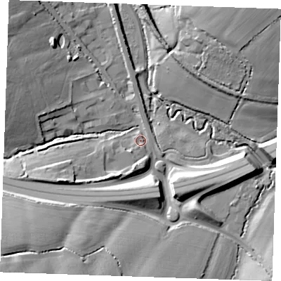 Shaded relief map of the ground around CM61LW, computed from Environment Agency LiDAR. The ground here sits at about 50 m above sea level and falls 25 m across the surrounding 800 m. Surface water reaching this point runs off ground lying to the south-west, 3.5 m higher.