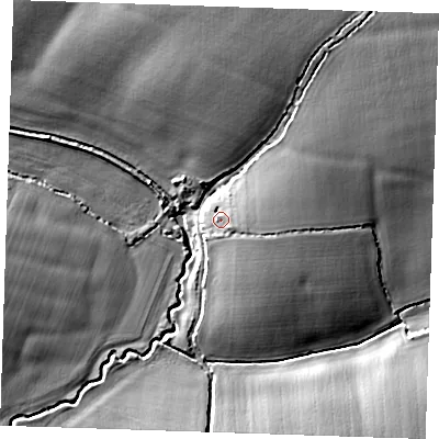 Shaded relief map of the ground around CM61QS, computed from Environment Agency LiDAR. The ground here sits at about 61 m above sea level and falls 17 m across the surrounding 800 m. Surface water reaching this point runs off ground lying to the east-north-east, 6.7 m higher.