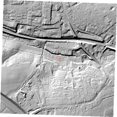 Shaded relief map of the ground around CM61QY, computed from Environment Agency LiDAR. The ground here sits at about 57 m above sea level and falls 28 m across the surrounding 800 m. Surface water reaching this point runs off ground lying to the west-south-west, 22.5 m higher.