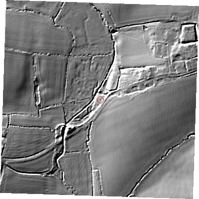 Shaded relief map of the ground around CM61RD, computed from Environment Agency LiDAR. The ground here sits at about 61 m above sea level and falls 15 m across the surrounding 800 m. Surface water reaching this point runs off ground lying to the east-north-east, 14.6 m higher.