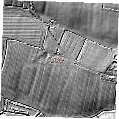 Shaded relief map of the ground around CM61RE, computed from Environment Agency LiDAR. The ground here sits at about 68 m above sea level and falls 14 m across the surrounding 800 m. Surface water reaching this point runs off ground lying to the west, 3.7 m higher.