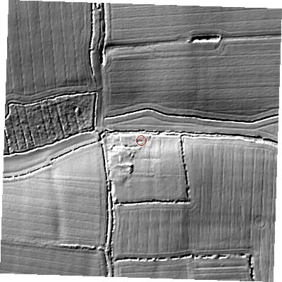 Shaded relief map of the ground around CM61RY, computed from Environment Agency LiDAR. The ground here sits at about 69 m above sea level and falls 15 m across the surrounding 800 m. Surface water reaching this point runs off ground lying to the south-south-west, 4.7 m higher.