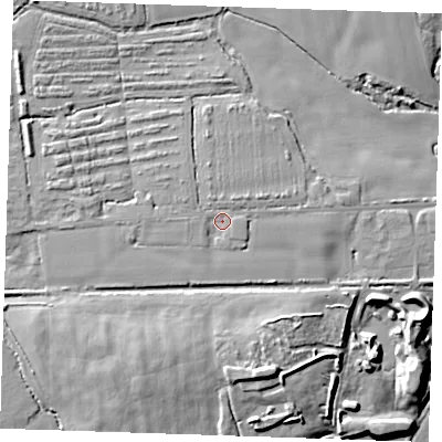 Shaded relief map of the ground around CM61SR, computed from Environment Agency LiDAR. The ground here sits at about 92 m above sea level and falls 19 m across the surrounding 800 m. Surface water reaching this point runs off ground lying to the west, 3.4 m higher.