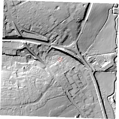 Shaded relief map of the ground around CM61XA, computed from Environment Agency LiDAR. The ground here sits at about 52 m above sea level and falls 27 m across the surrounding 800 m. Surface water reaching this point runs off ground lying to the north-west, 20.9 m higher.