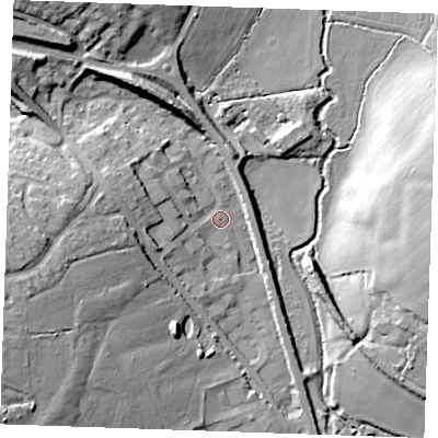 Shaded relief map of the ground around CM61XG, computed from Environment Agency LiDAR. The ground here sits at about 50 m above sea level and falls 23 m across the surrounding 800 m. Surface water reaching this point runs off ground lying to the west-north-west, 9.4 m higher.