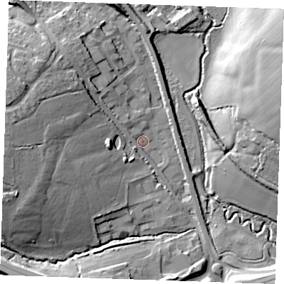 Shaded relief map of the ground around CM61XN, computed from Environment Agency LiDAR. The ground here sits at about 50 m above sea level and falls 22 m across the surrounding 800 m. Surface water reaching this point runs off ground lying to the west, 20.5 m higher.